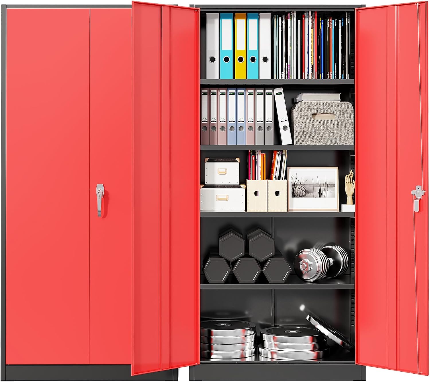 Workshop Tools Storage - 頑丈な金属製ガレージ収納キャビネット、スチール製ロック式ユーティリティクローゼット、2つのドアと5つの調整可能な棚付き、家庭、オフィス、作業場の工具整理用、黒色