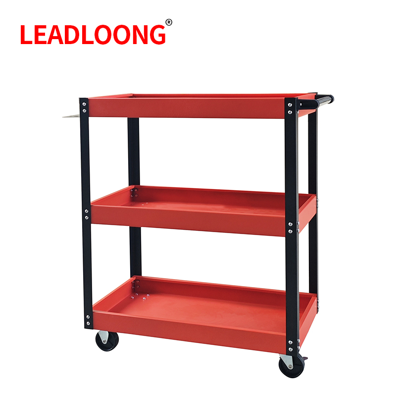 Tools Trolley For Workshop - Leadloong-ガレージとワークショップ用のスチールユーティリティカート、3層ローリングツールカート、容量330ポンド、赤、3つの棚、車の修理ベンチ