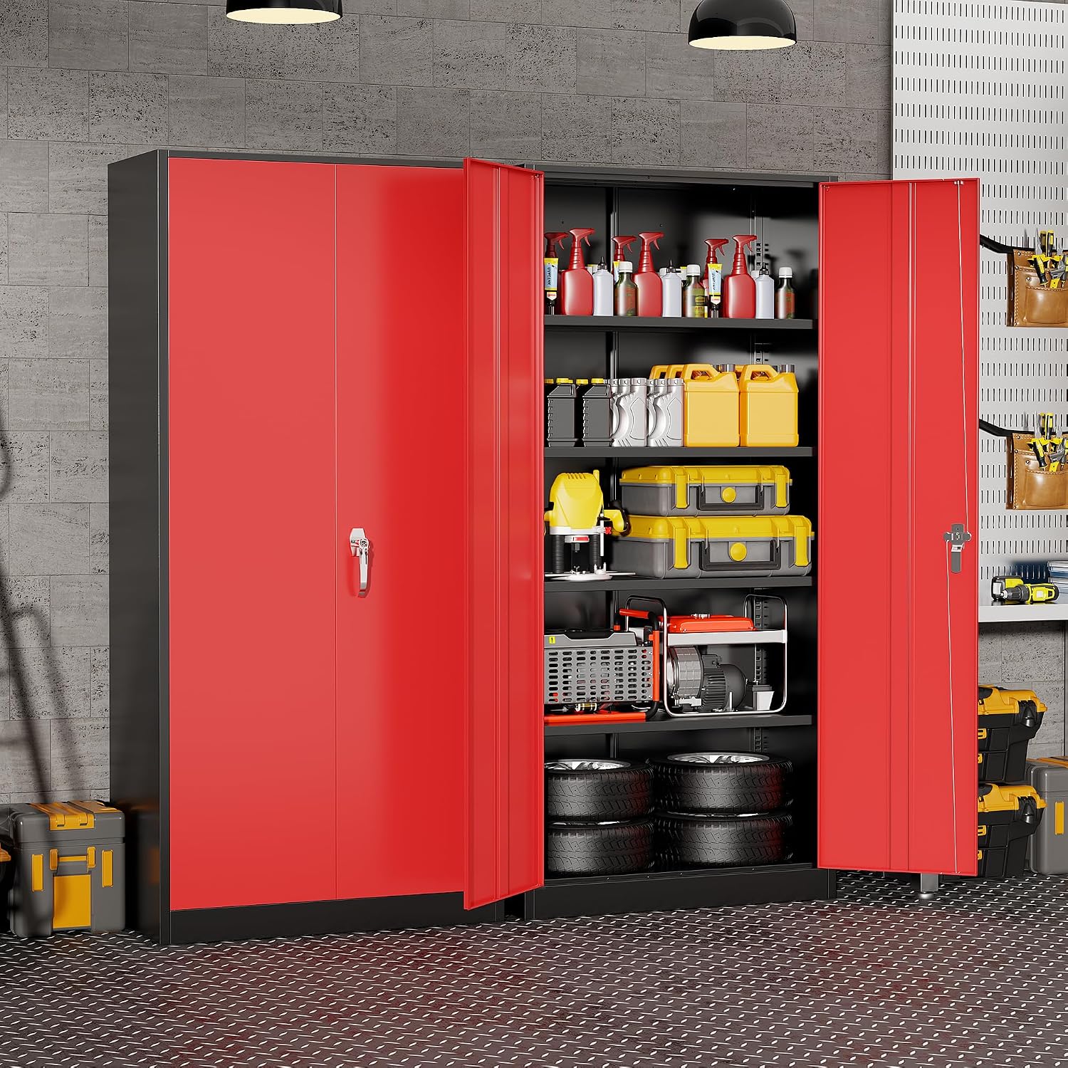 頑丈な金属製ガレージ収納キャビネット、スチール製ロック式ユー - Workshop Tools Storage のレビューと価格